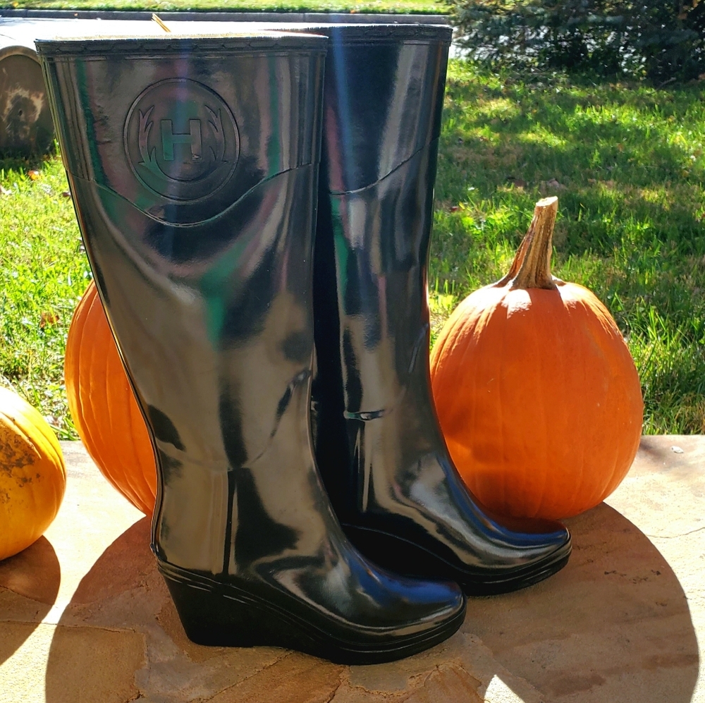 Hunter Womens Champery Gloss Black Wedge Tall Boots